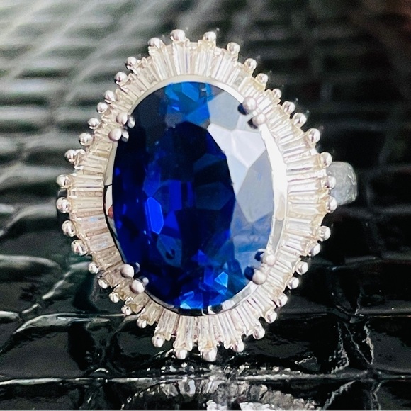 Lab Blue Sapphire Halo Sterling Silver Cocktail Ring & Earrings ASK FOR … - Picture 11 of 15